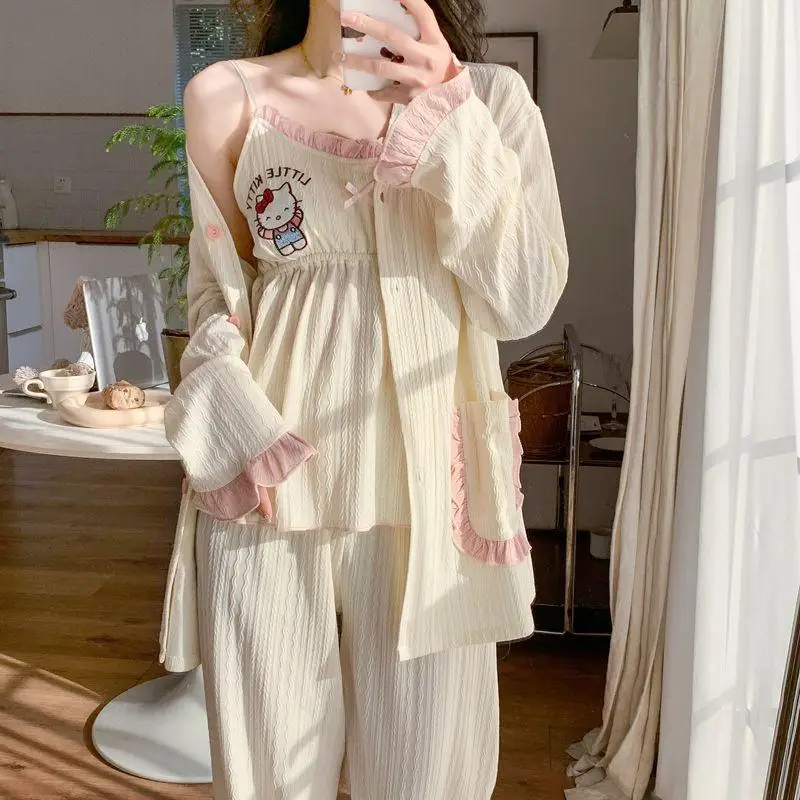 

Sanrio Cute Pajamas Hello Kittys Summer Suspenders Three-Piece Set Cartoon Comfortable Loose Casual Breathable Gift Girlfriend