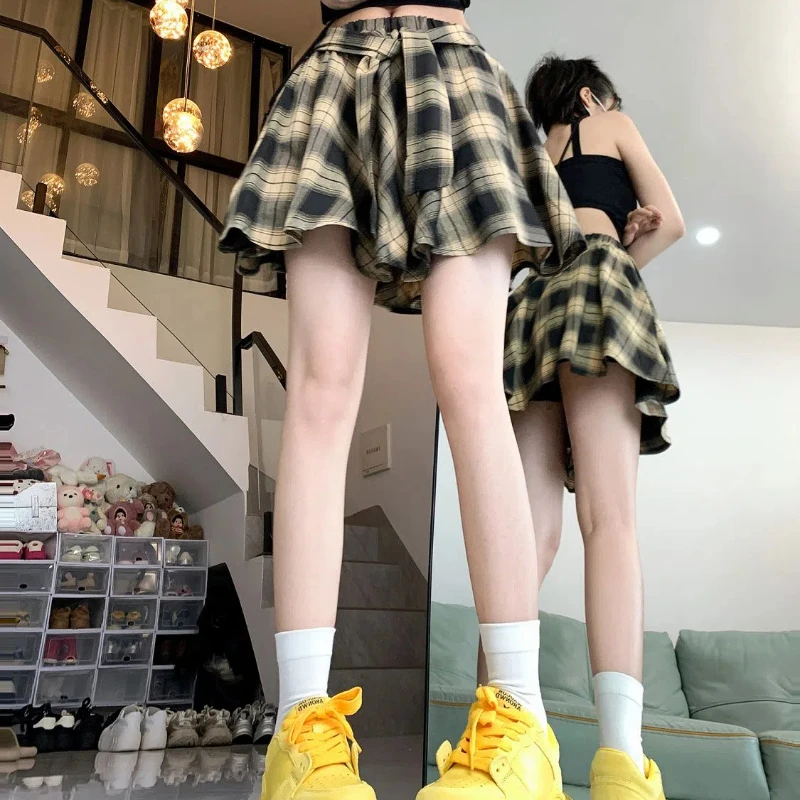 Vintage Plaid High-waisted Versatile Mini Dress Spring Summer Fake Shirt Sleeve Lace-up Casual High Waist A-line Short Skirt