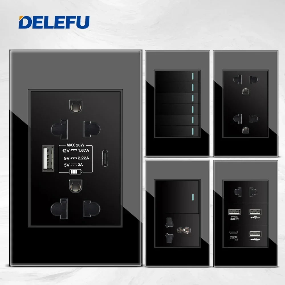 

Delefu/Thailand/EU standard 118x74mm wall socket, Black tempered glass plate USB C charging socket, 15A wall light switch, 5