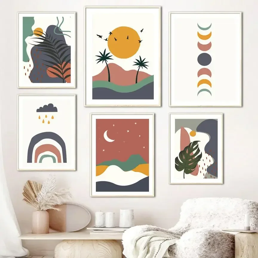 Mountain Sun Moon Tropical Leaf Plant Boho Minimalist Wall  Print Canvas Painting Posters for Living Room Modern Home Decor