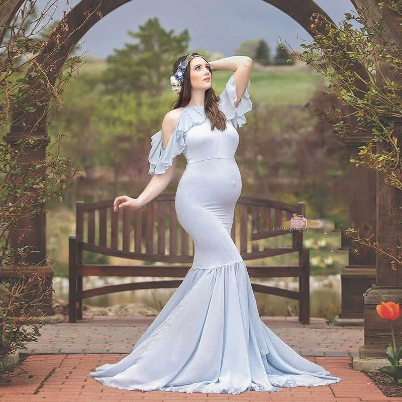 Mermaid Maternity Sling Sexy Off Shoulder Trailing Dresses For Photoshoot Pregnancy Photography Props Fashion Cotton Maxi Dress