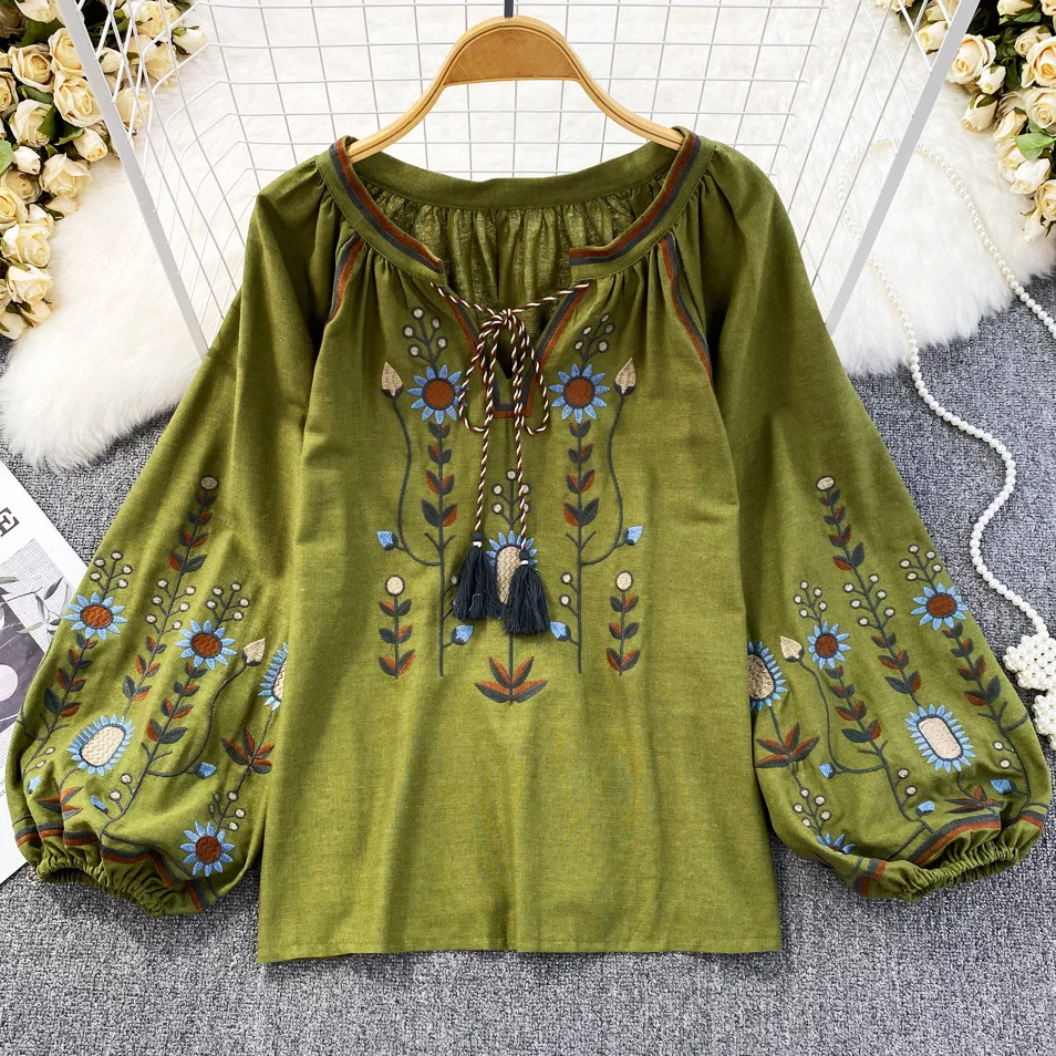 TEELYNN Casual Ethnic Embroidery Floral Blouses Shirts Women Vintage O-neck Long Sleeve Loose Blouse Tops Boho Cotton Blusas