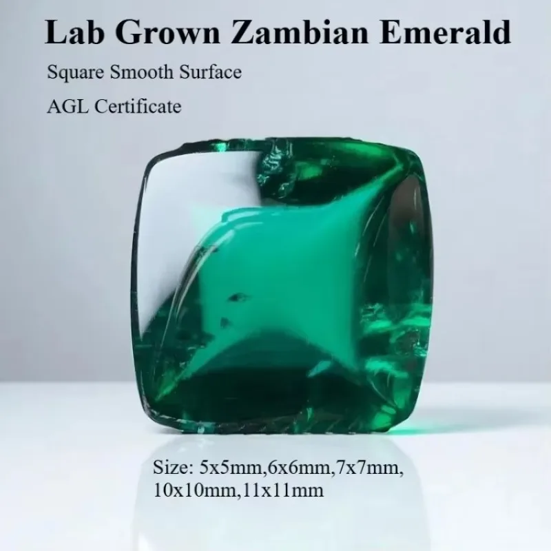 

Lab Grown Zambian Emerald- Hydrothermal, Hand-Cut, Square Smooth Surface, with Cracks Inclusions, Selectable Certificate