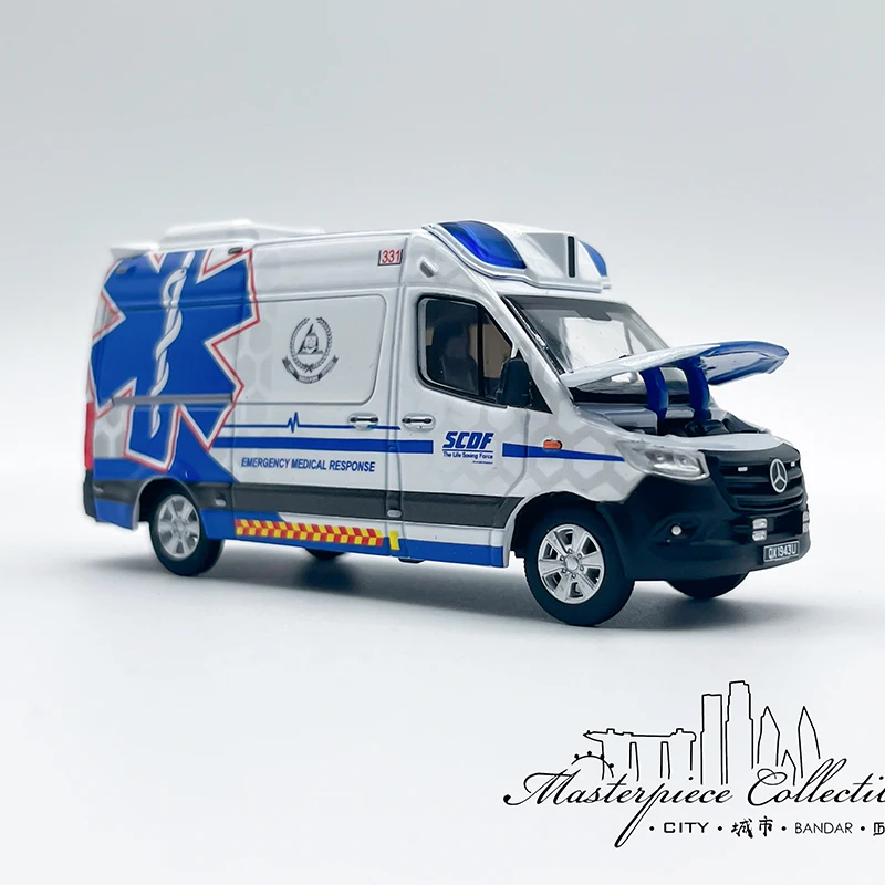 Diecast Model Car 1/64 Mercedes-Benz Sprinter Scdf Emergency Ambulance Model Alloy Car Collection Toys for Boys Gift