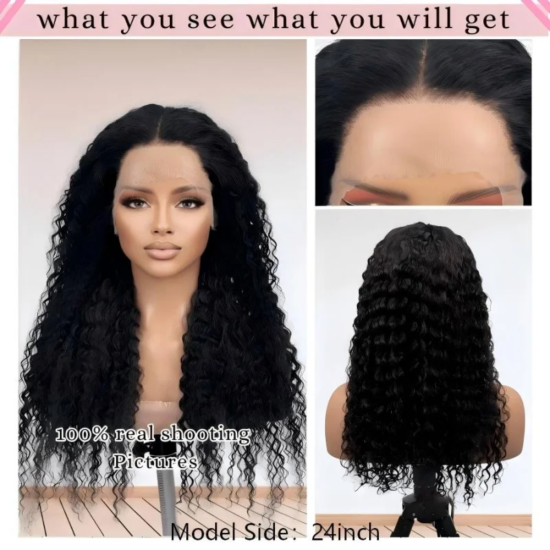 Synthetic 24 Inch Black Deep Curly 13×4 Lace Front Wig, Pre-Plucked Natural Baby Hairline, Thin Transparent Lace Realistic Look