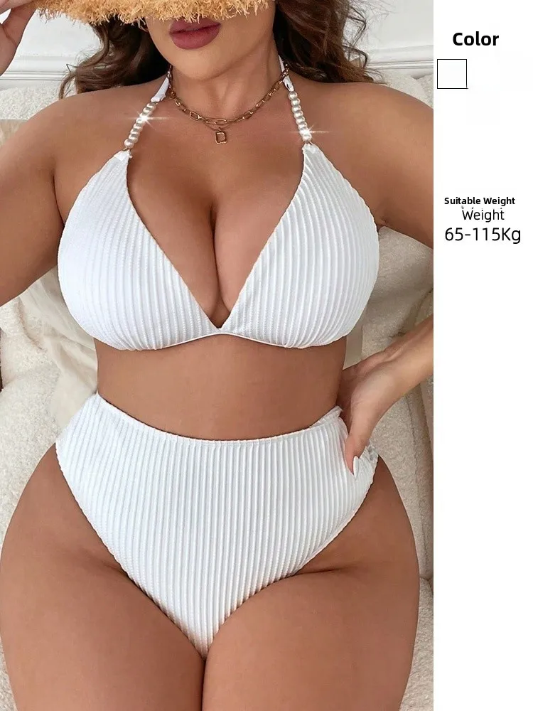 

plus Size Bikini High Waist V-Ne Separate Swimwear Women Hot Spring Bathing Suit Sexy Spicy Girl Bla White for Heavy Girls