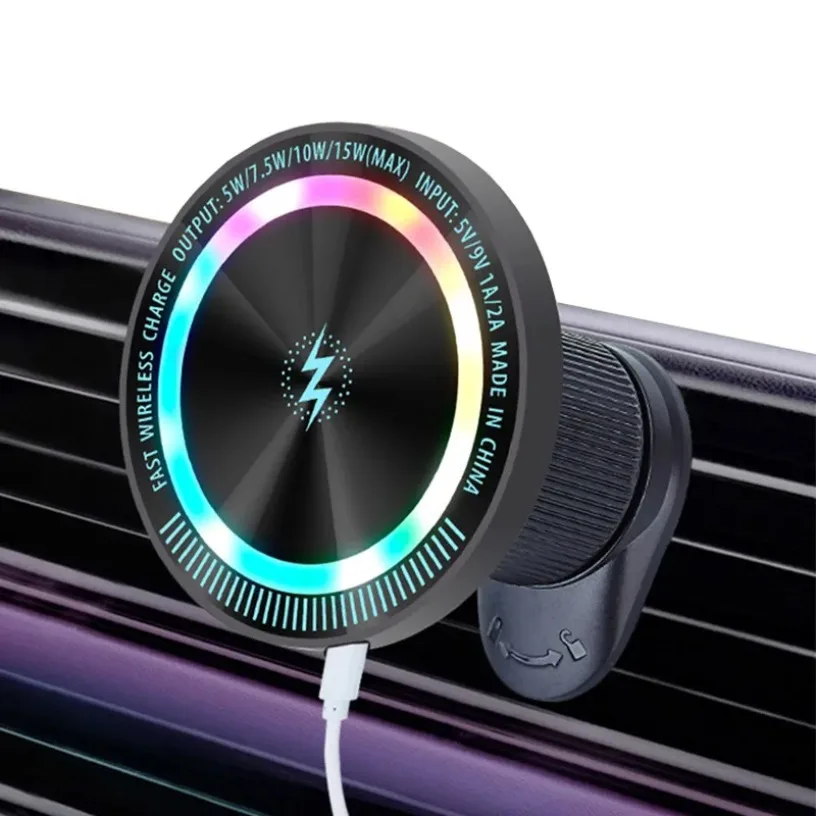 

Автомобильное магнитное беспроводное зарядное устройство 15 Вт, быстрая зарядка, RGB-подсветка 360 ° Вращение для автомобильного держателя телефона Magsafe iPhone 17 ~ 12 Samsung Xiaomi