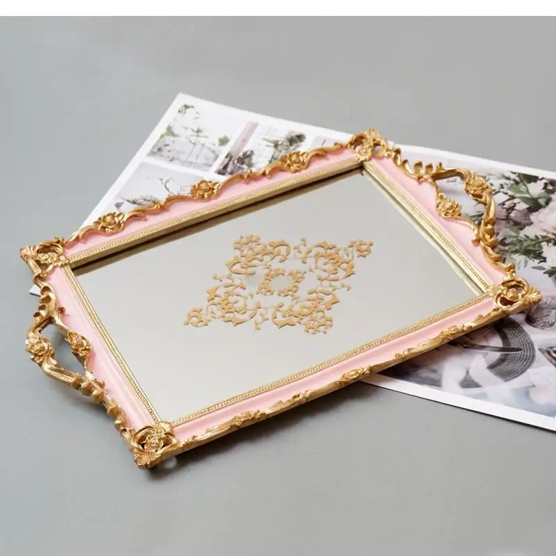 

French Pink Rectangular Storage Tray Retro Resin Carving Mirror Glass Coffee Table Cake Stand Wedding Decoration