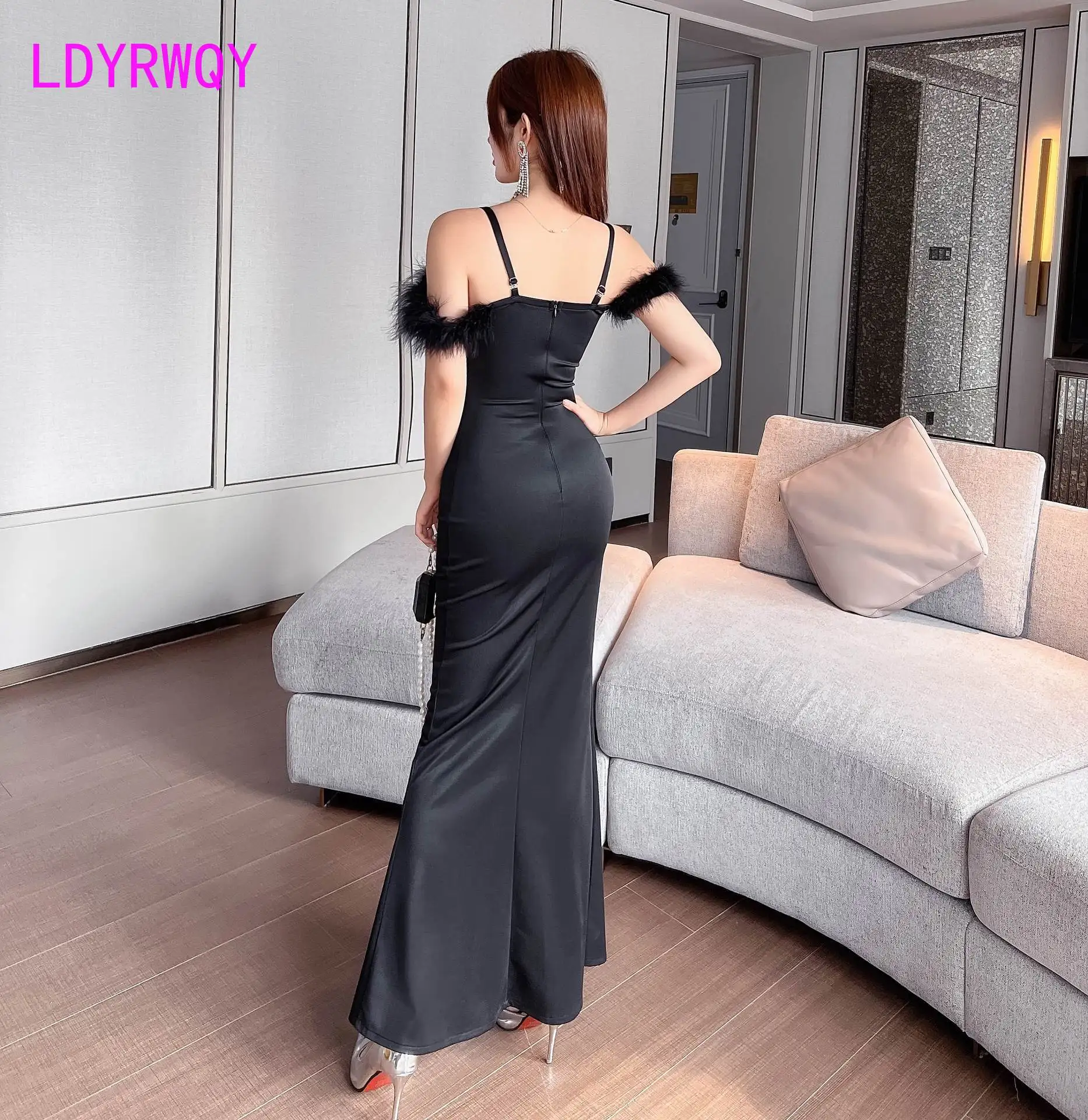 Black velvet one shoulder feather suspender long evening dress with low cut sexy waist and hip wrap gift