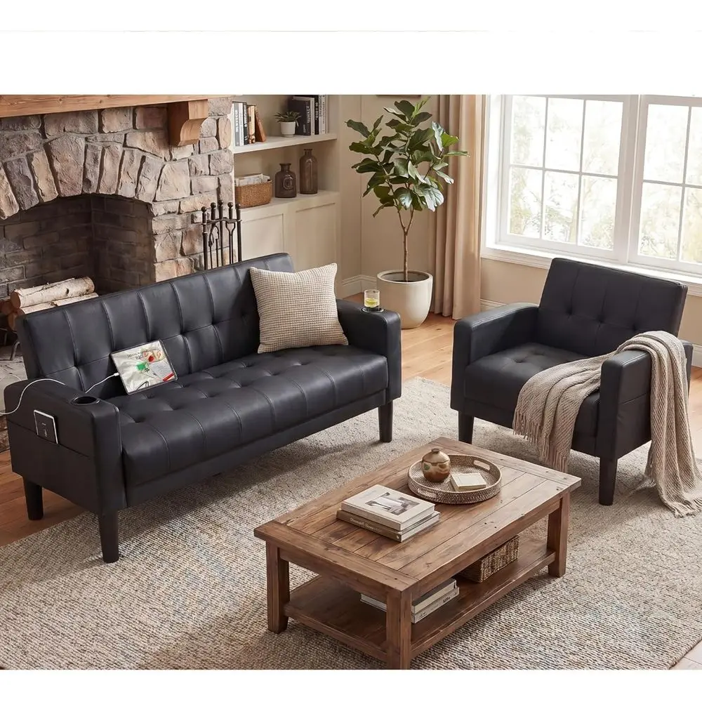

Black Leather Living Room Sofa and Chair Set with USB & Cup Holders