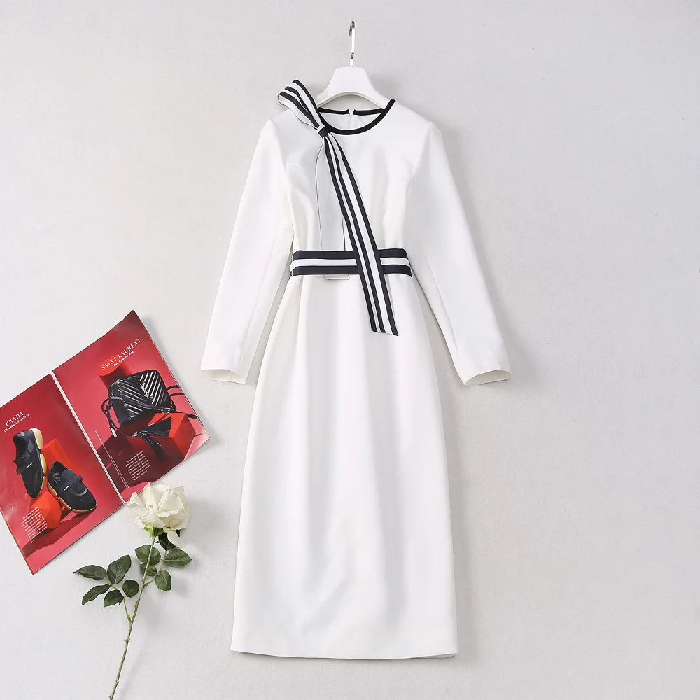 ZJYT Elegant Autumn Long Sleeve Dresses for Women 2024 Bow Striped Slim Straight Dress White Party Cocktail Vestidos Para Mujer