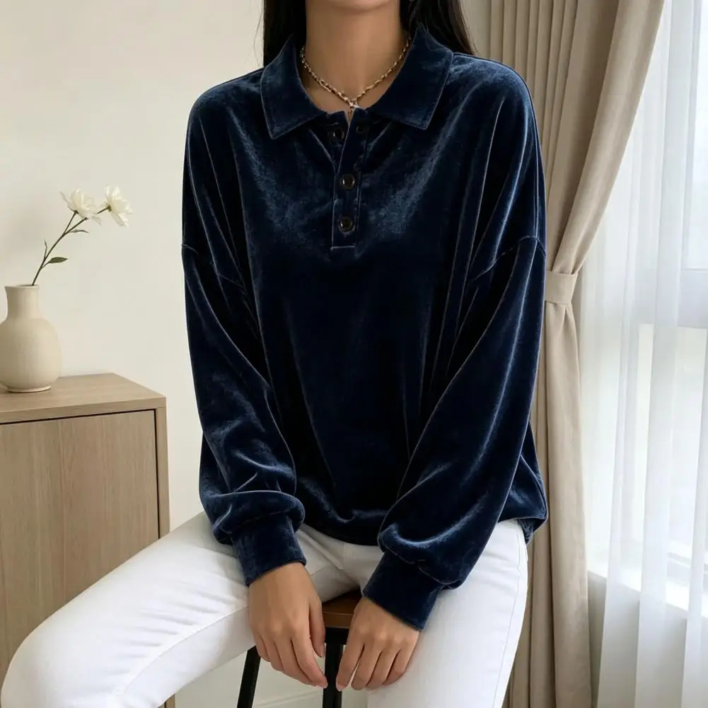 

Wear Shirt Women’s Velvet Pullover Shirt 3-button Collared Blouse Solid Color Loose Long Sleeve Top for Workwear Solid Color
