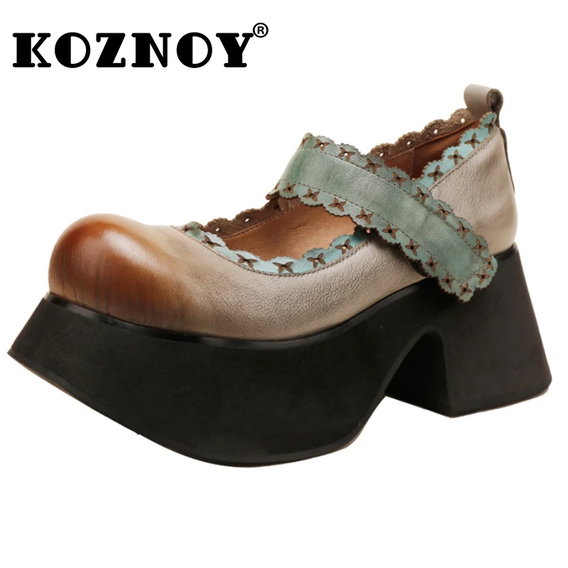 

Koznoy 7.5cm Ethnic Platform Wedge Summer Fashion Round Toe Spring Mary Jane Ladies Autumn Shoes Women Genuine Leather Luxury