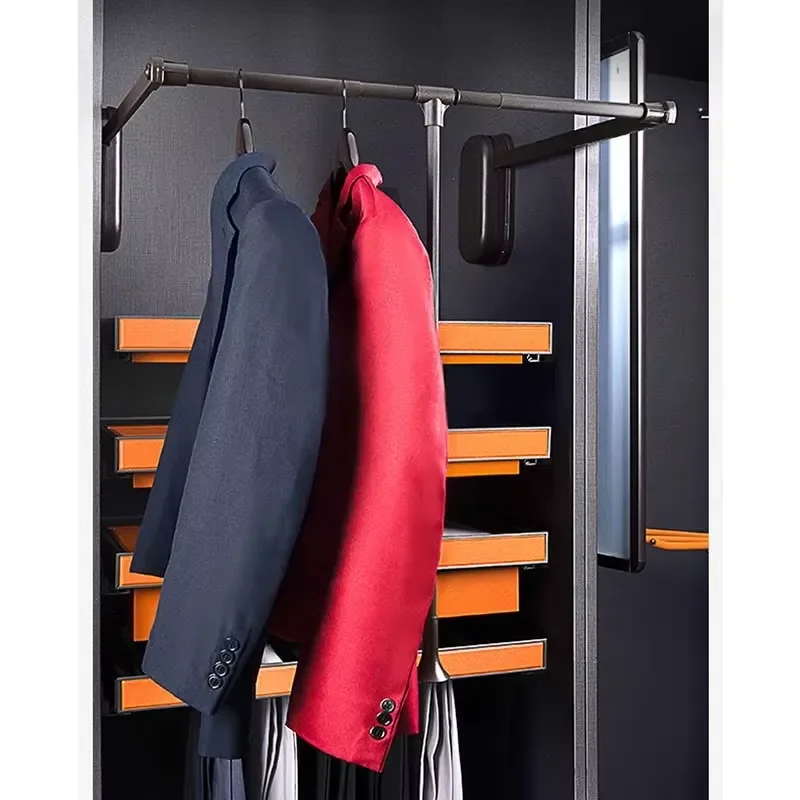 Aluminum Alloy Wardrobe Hanger with Slow Closing Mechanism and Pull Down Lift Function Plastic Cushioning for Closet