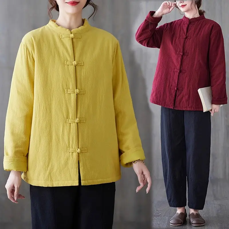 

Ethnic Style Cotton Jacket Women's Chinese Style Short Retro Button 2023 Fall Winter Stand Collar Long Sleeve Quilted Coat Z3788