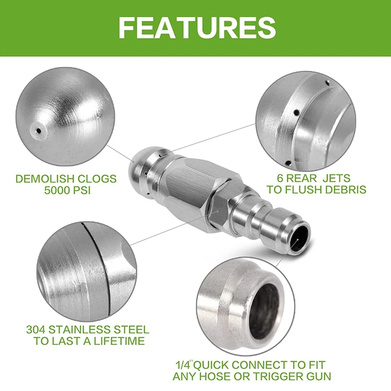 Sewer Jetter Nozzle for Pressure Washer with 1/4 inch Quick Connect - for Drain Jetting Clog Remover,1 Front 6 Rear Jets