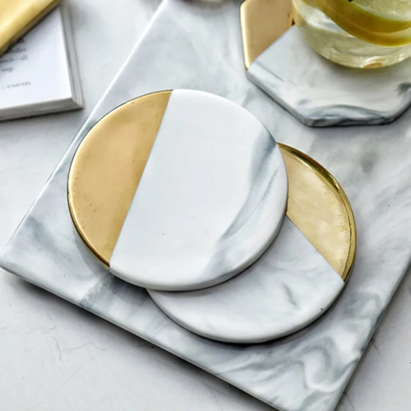 Nordic Cup Pad Marble Holder Placemat Coffee Drink Heat Proof Ceramic Coaster Mat Gilded Tea Mat Shooting Props Gold Round Model