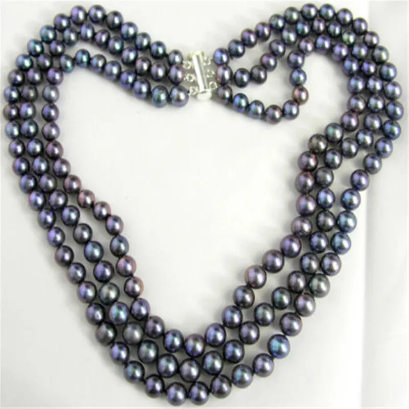 

New fashion 3 Row Black 7-8mm Freshwater Cultured Pearl Necklace 17-19"