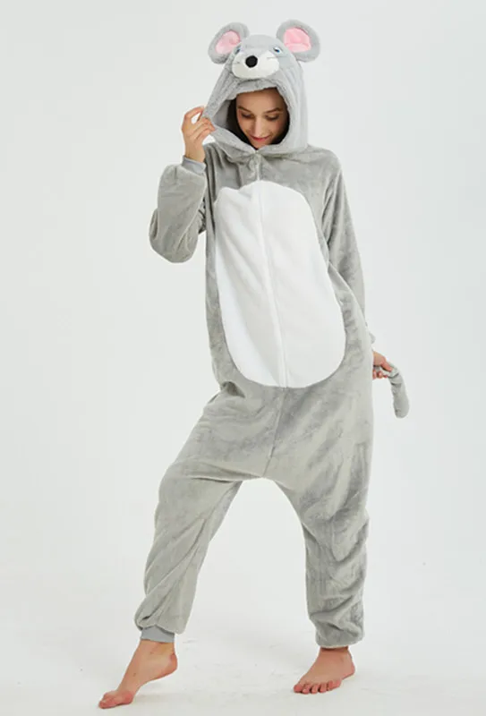 New Flannel Gray Mouse Onesies Kigurumi Adult Grey Rat Pajamas Nightgown Cosplay Costume Animal Pyjamas Sleepwear Set