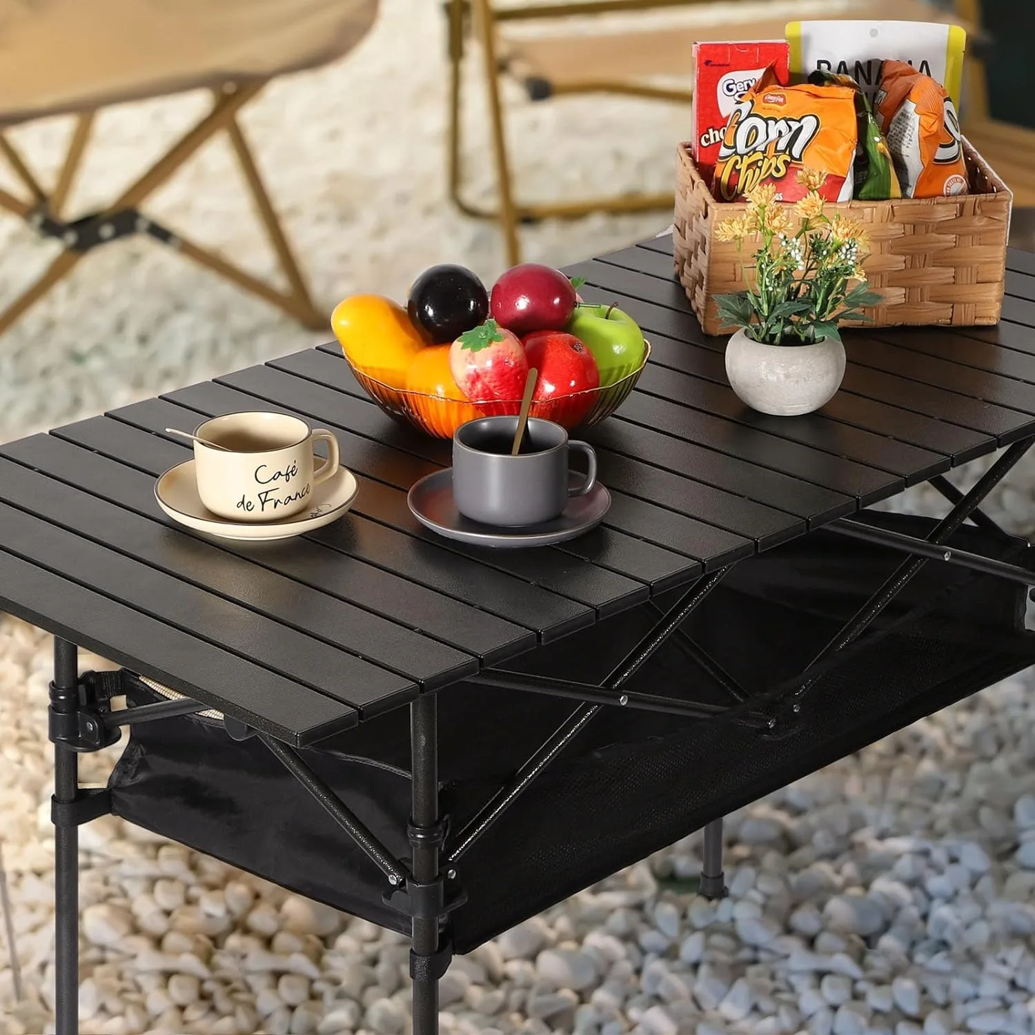 Camping Table, Portable Aluminum Roll-up Picnic Backpacking Table with Mesh Storage Bag, 46.5” x 26.8” x 21.7”, Black