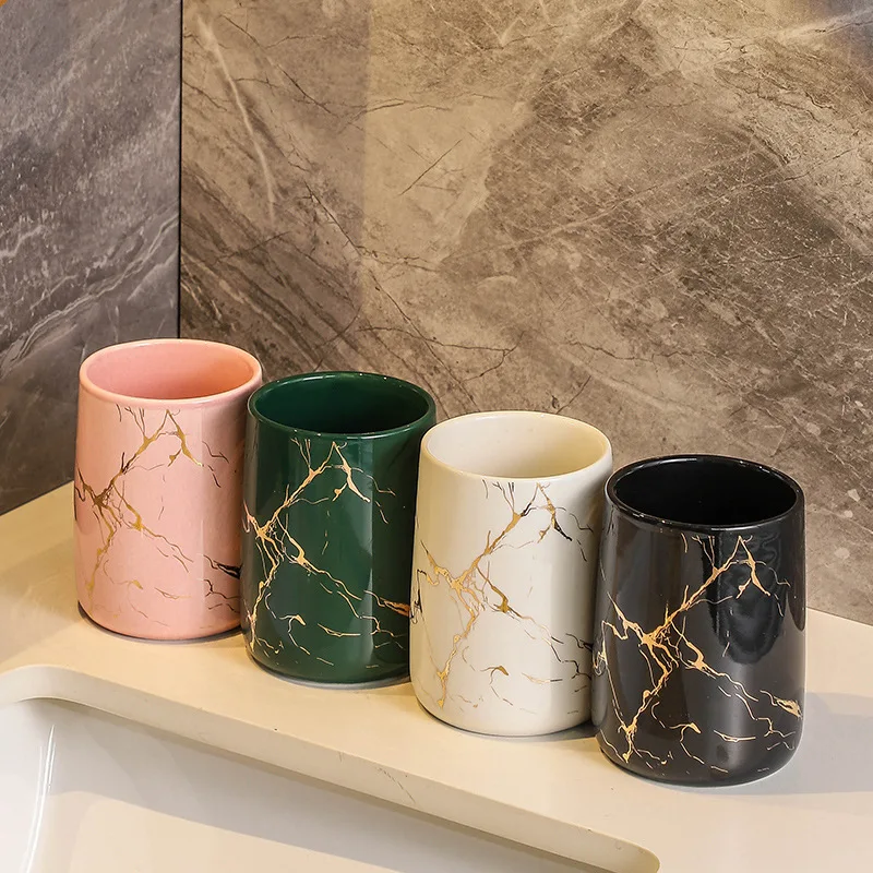Creative Gold Plated Marble Ceramic Mouthwash Cup Home Couple Toothbrush Holder Ceramic Mouthwash Cup Bathroom Accessories