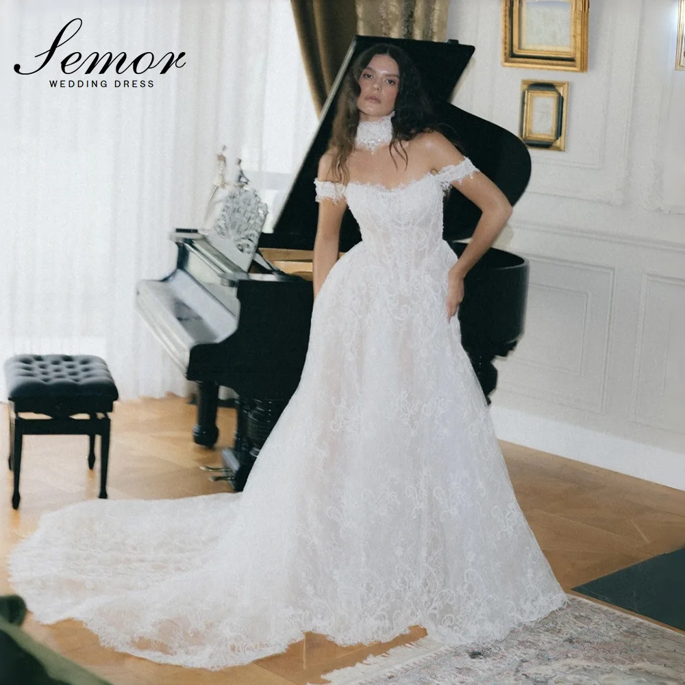 Semor Customized Off Shoulder Wedding Dress Lace A Line Bridal Gown Back Lace Up Long Train Romantic Wedding Gown For Bride