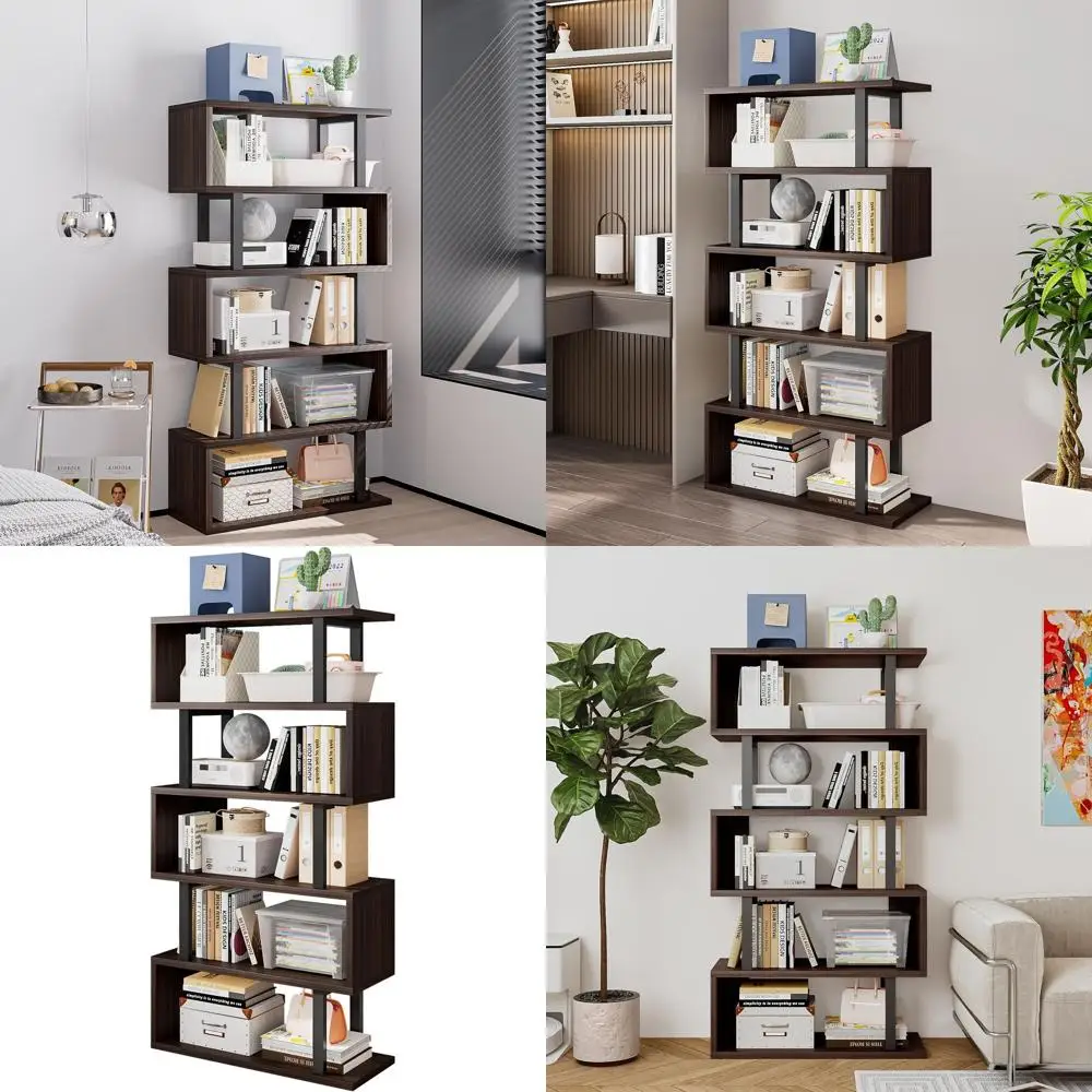 

Geometric S-Shaped 5-Tier Industrial Bookcase Storage Display Shelf for Living Room, Bedroom, and Office in Black