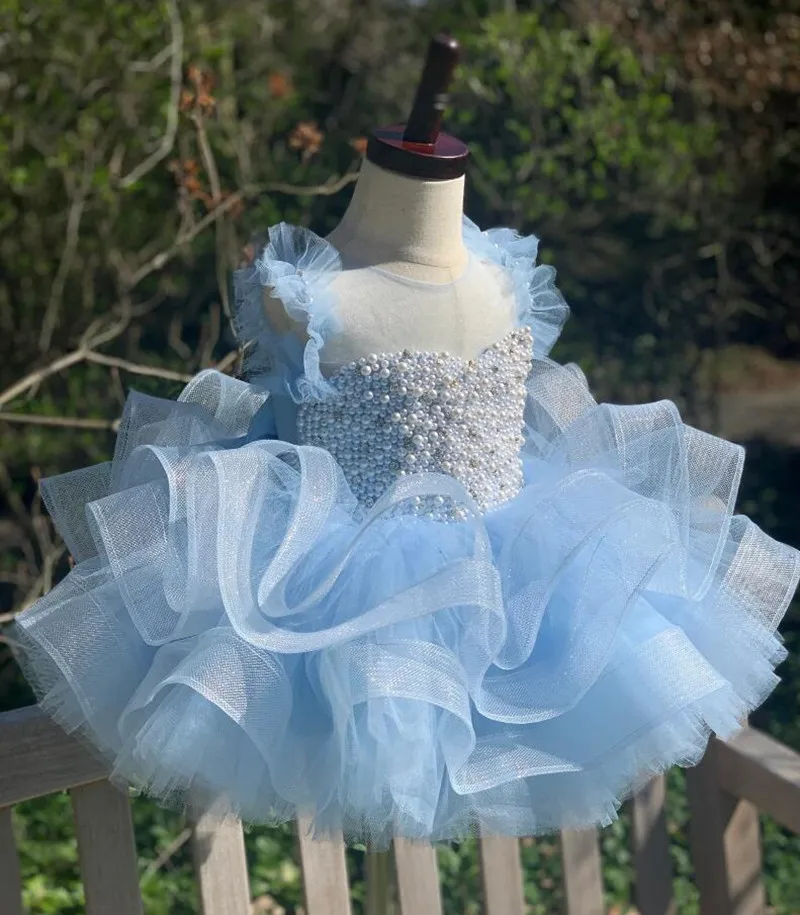 Sky Blue Princess Dress Pearl Beaded Puffy First Communion Dress Flower Girl Dresses Cute Children Girls Dress Custom Made