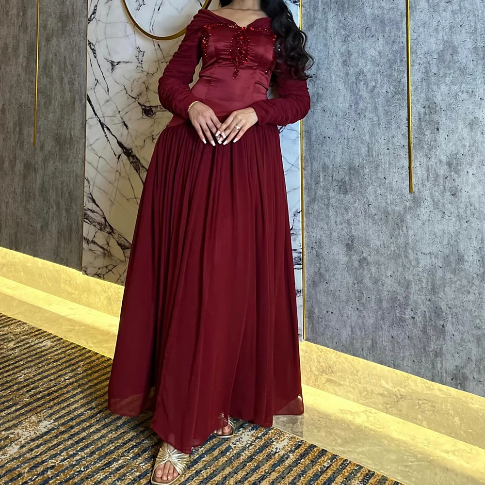 فساتين سهرة مخصصة على شكل حرف A بطول الأرض ورقبة على شكل حرف V وأكمام طويلة فستان حفلات كريستالي بسيط ثنيات كاجوال للحفلات #1