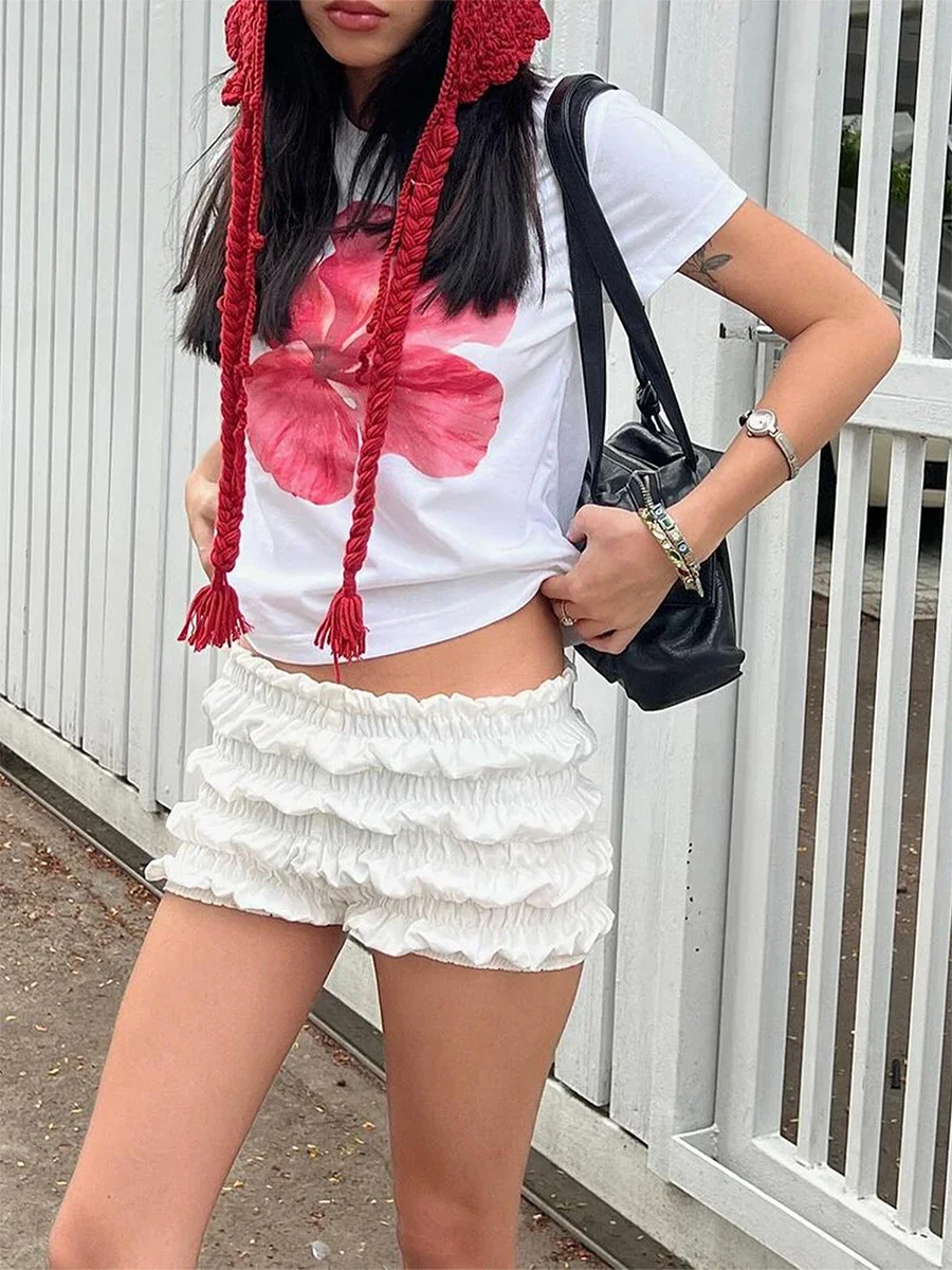 Women s Summer Low Rise Shorts Elastic Waistband Solid Color Ruched Streetwear Shorts