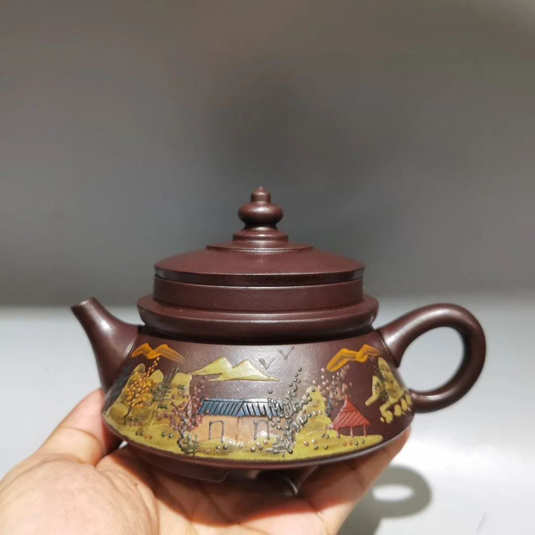 Tetera Yixing, tetera de arcilla púrpura, patrón de paisaje pintado, tetera del templo del cielo, tetera, tetera, degustación de té, ceremonia del té
