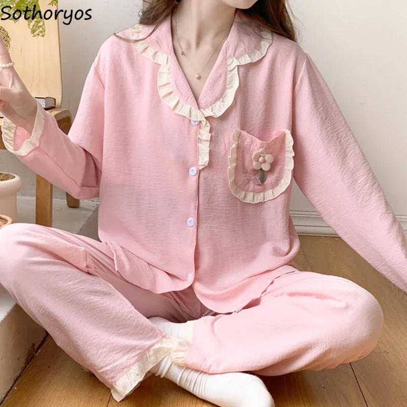 Pajama Sets Women Long Sleeve Sweet Patchwork Sleepwear Home Girlish Tender Padded Lounge All-match College Students Clothing