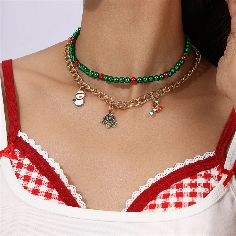 Modische handgefertigte Perlenkette für Damen, Weihnachtsanhänger mit Weihnachtsmann und Weihnachtsbaum, Halsketten für Mädchen, Neujahrsfest-Schmuck, Geschenke – Detail 19