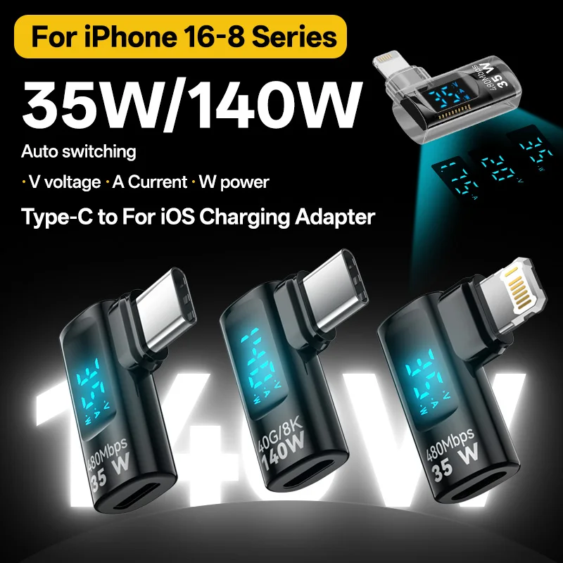 Adaptador Lightning tipo C de 35W, 90 grados, PD, 140W, iOS, probador de potencia de carga rápida para iPhone 16, 15, 14, 13 Pro Max, iPad, USB C