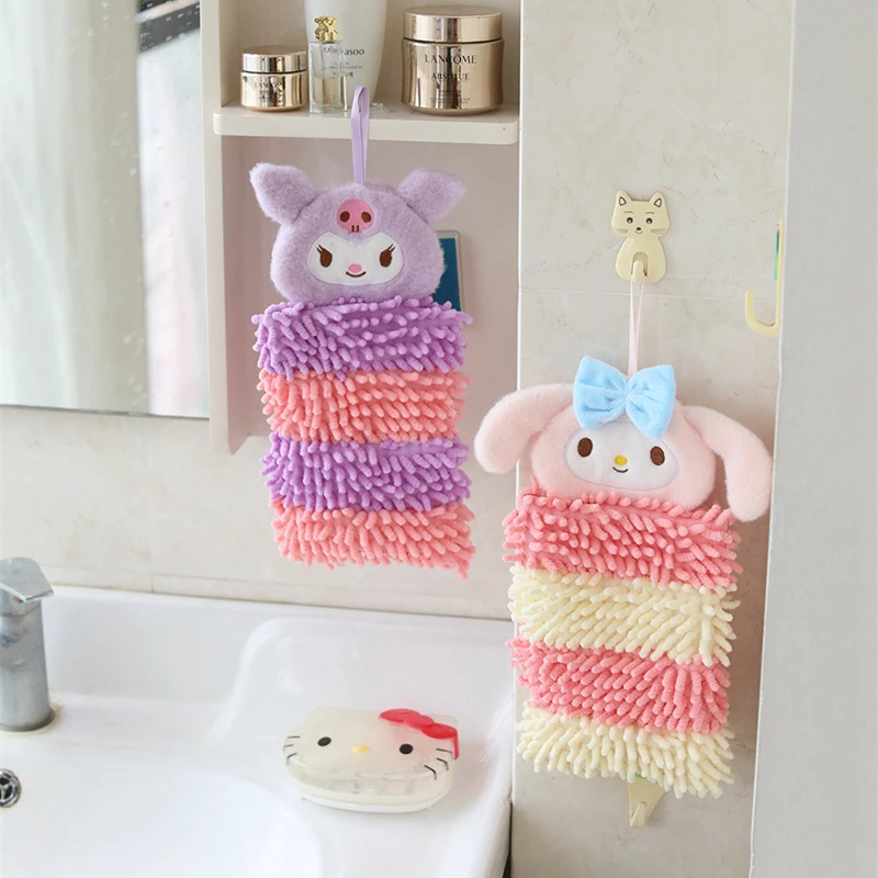 Long Plush Cute Hand Towels Kuromi My Melody Cinnamoroll Chenille Yarn Girly Absorbent Towel For Kitchen Toilet Water Uptake