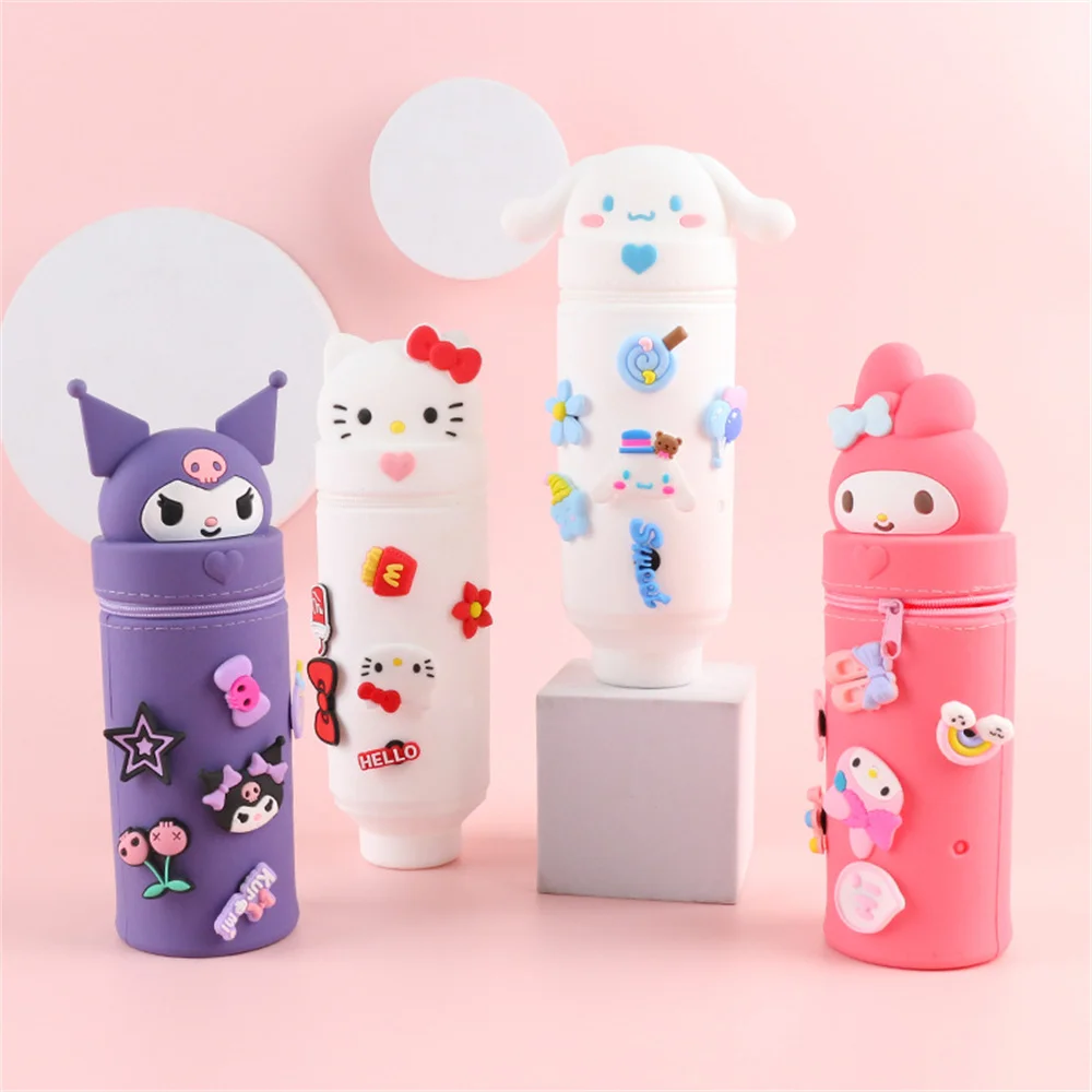 Cute Cartoon HelloKitty Kuromi DIY Silicone Pencil Case Student Melody Large Capacity Telescopic Storage Pen Holder Stationery