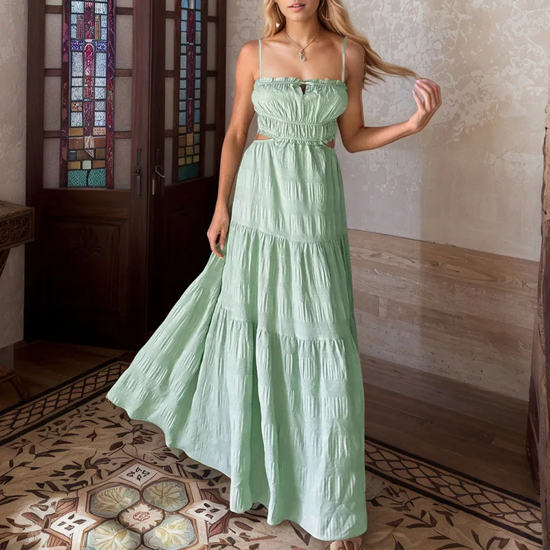 

Elegant Off Shoulder Big Hem Suspenders Dress Women Sexy Backless Hollow Tie-up Long Dress Fashion Hight Waist Pleat Party Dress