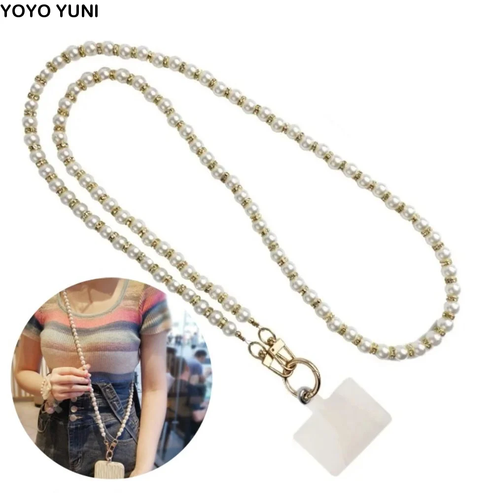 Single Shoulder Pearl Phone Lanyard With Patch Crossbody Bead Phone Chain Anti Drop Handmade Cellphone Straps Women Girls