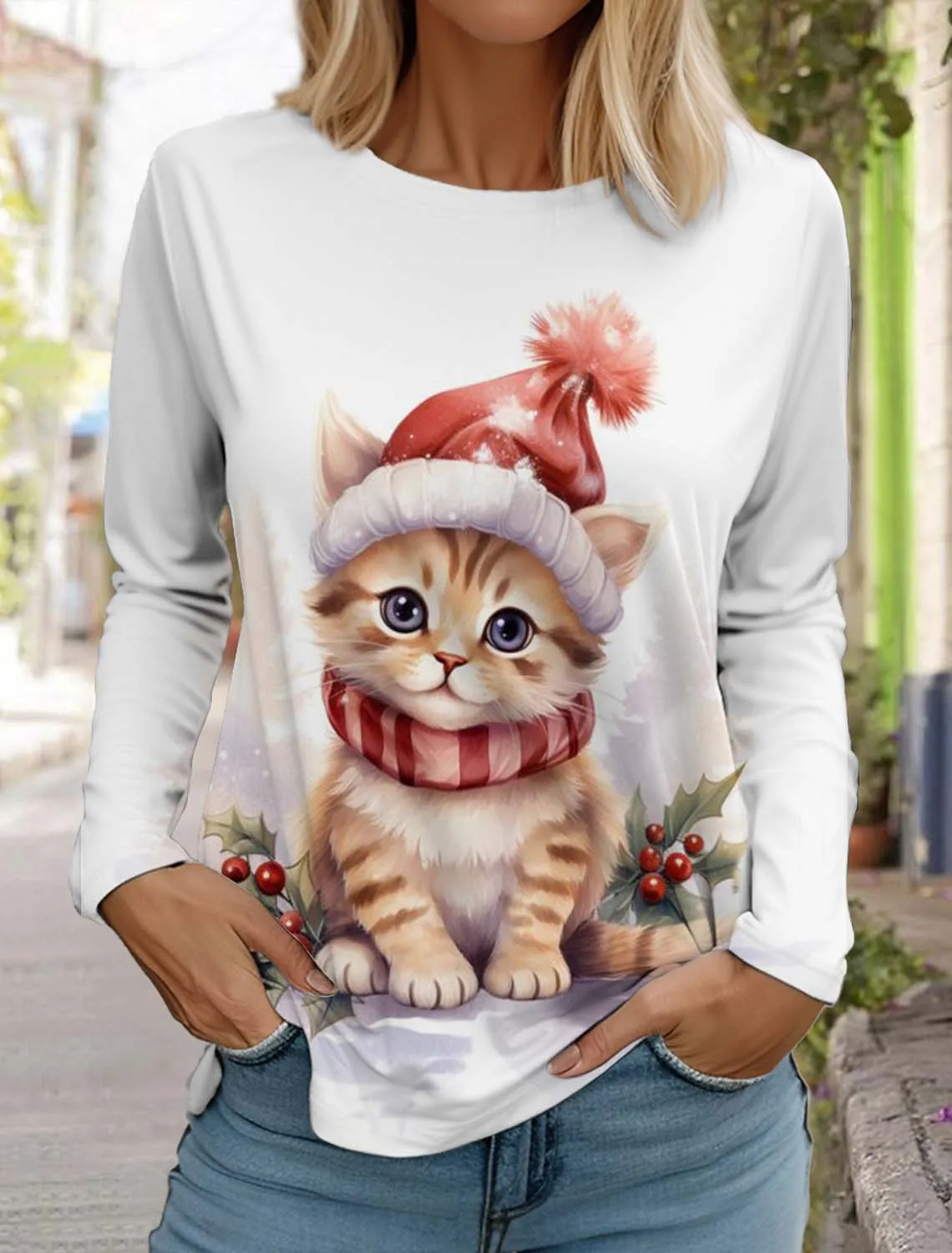 Christmas Women\'s Long Sleeved T-shirt Casual Fashion Christmas Cute Cat&Dog Holiday gifts Tops Harajuku Animal Women\'s Clothing