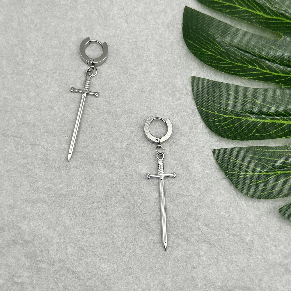 Grunge Gothic Medieval Sword Hoop Earrings Stainless Steel Alternative Unisex Y2K Dagger Knight Dangly Long Earrings