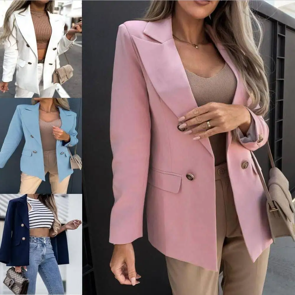 

2024 Spring Autumn Lady's Long Double-Breasted Lapel Suit Jaet Women's Faion Slim Fit Polyester Fiber College Sle
