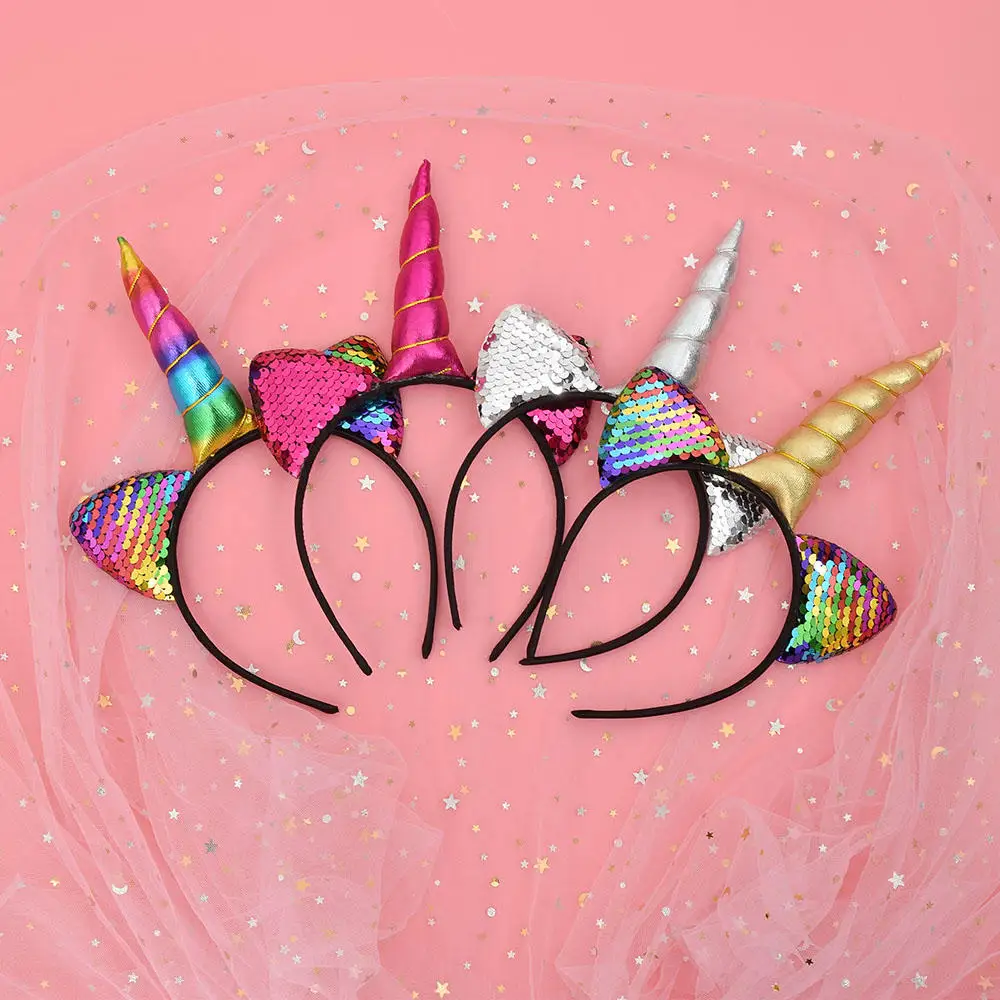 Rainbow Unicorn Headbands Can Flip Sequins Glitter Unicorn Girl Hairband Cat Ears Headwear Birthday Children Hair Accessories