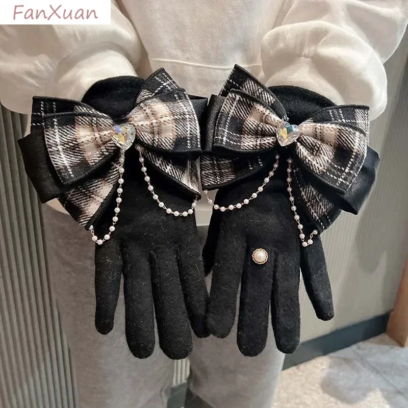 Women Gloves Autumn Winter Cashmere Thickened Plush Plaid Big Bowknot Elegant Gloves Ladies Female Gift