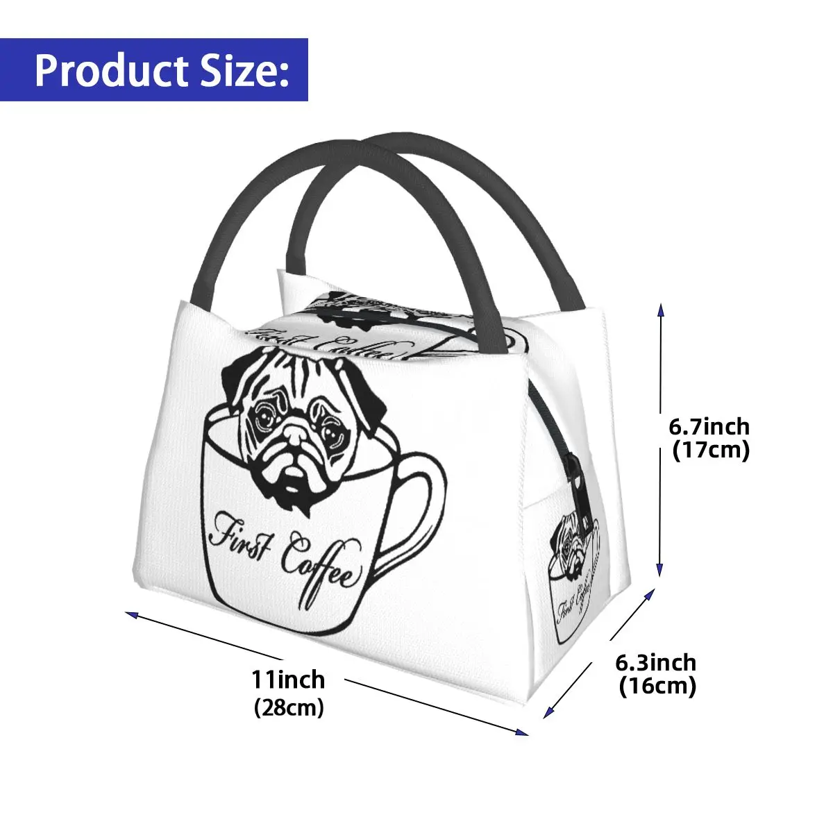 Pug First Coffee Insulated Lunch Bag for Women Kids Portable Food Boxes Thermal Lunch Box Tote