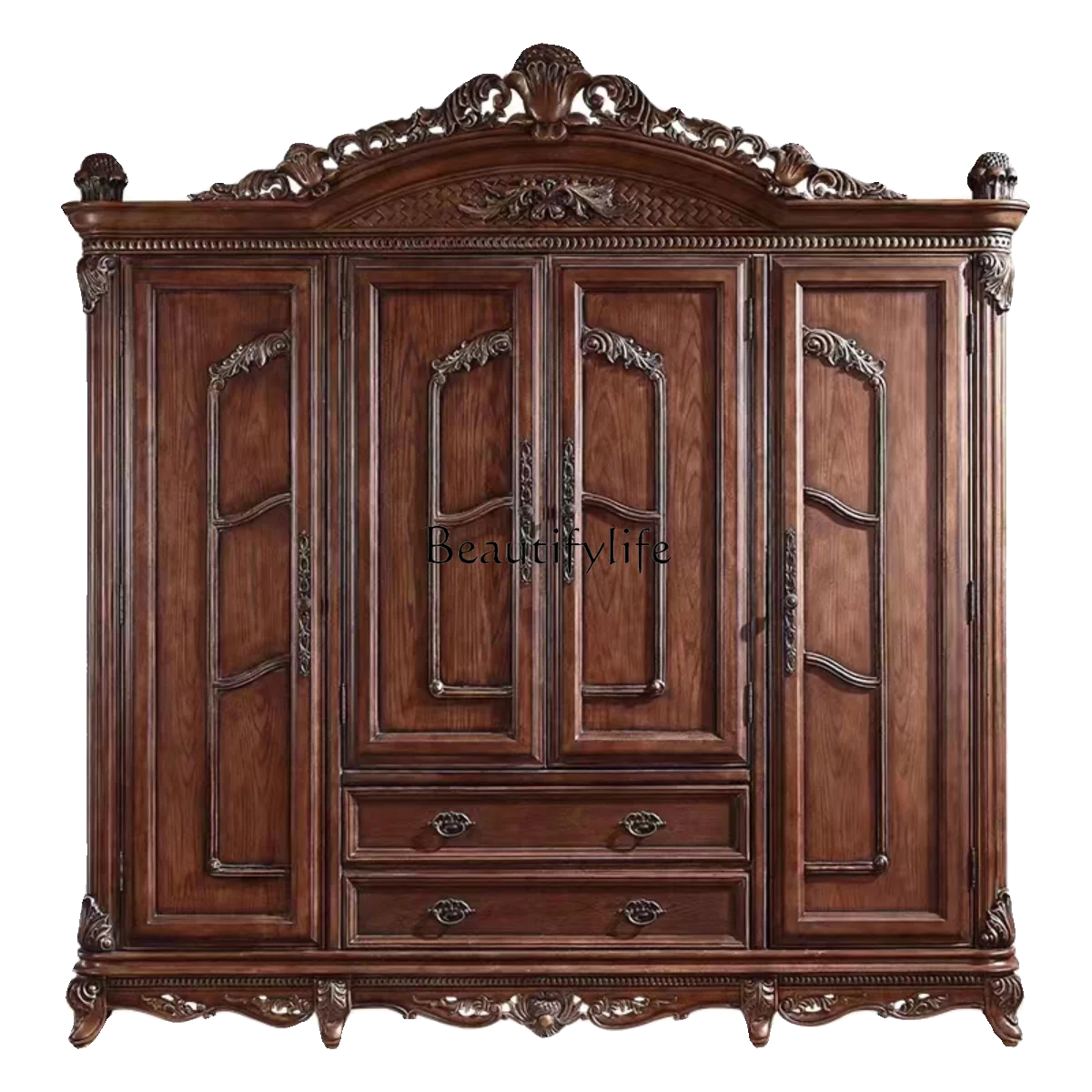 American solid wood carving flower wardrobe bedroom four doors vintage cloakroom cabinet