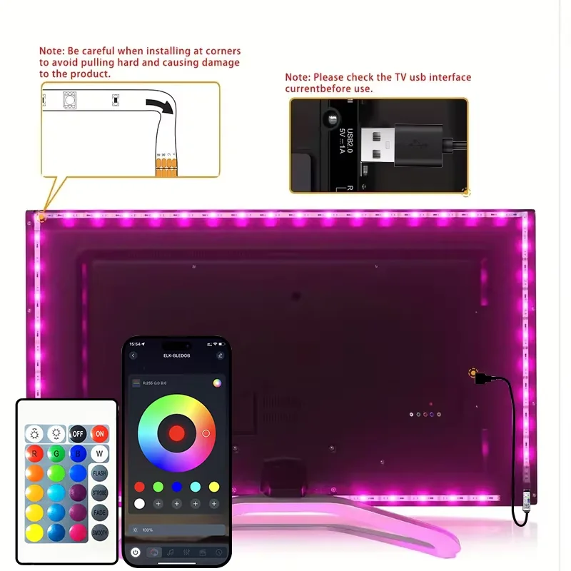 

1 м USB светодиодные ленты с 24 клавишами дистанционного управления, 60 светодиодов/м RGB-лента SMD2835 Гибкая светодиодная подсветка телевизора для спальни, вечеринки и домашнего декора