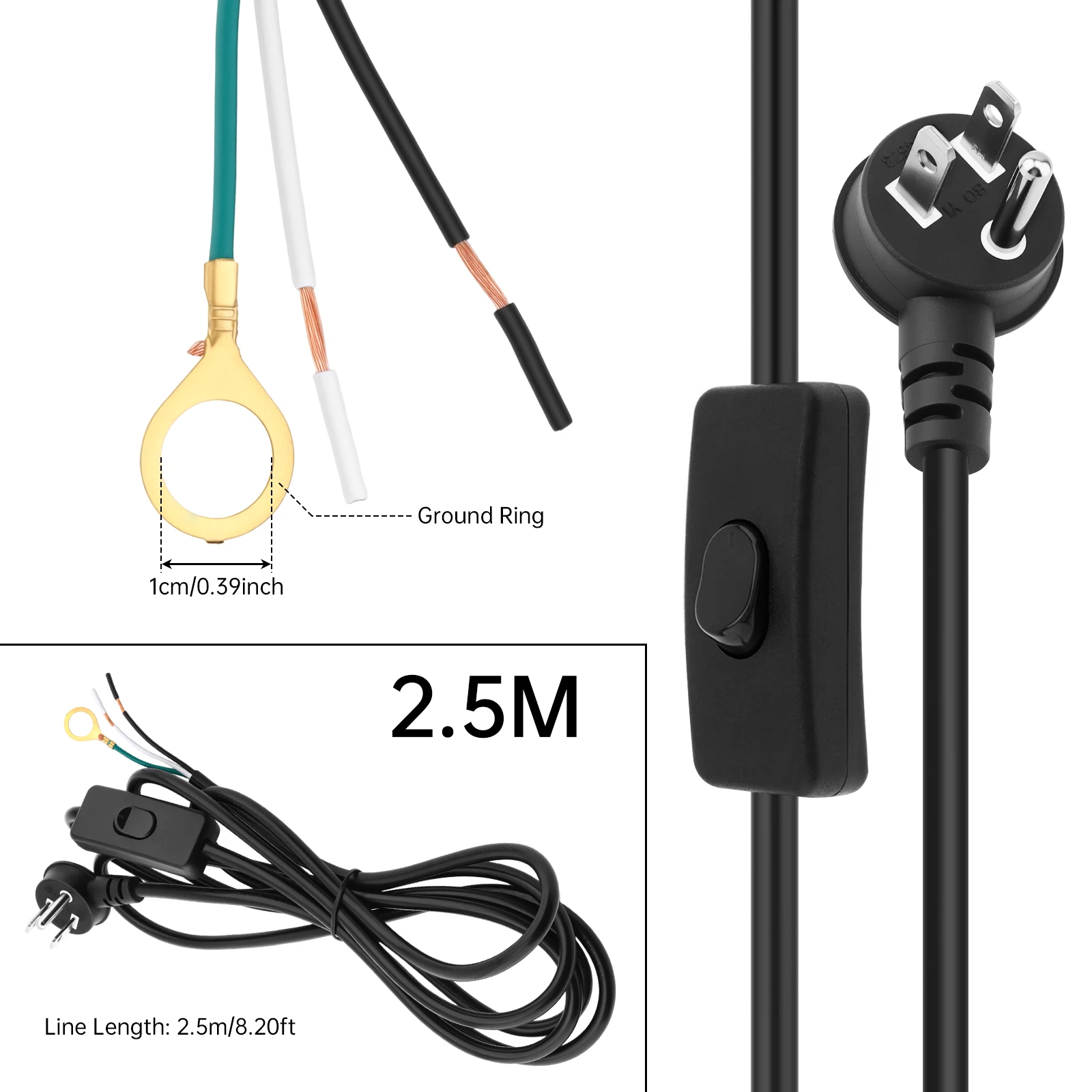 2.5M/8ft 3-Prong Power Cord 90 Degree Right Angle Flat Plug Replacement Power Cable Open End Wiring with ON/OFF Switch