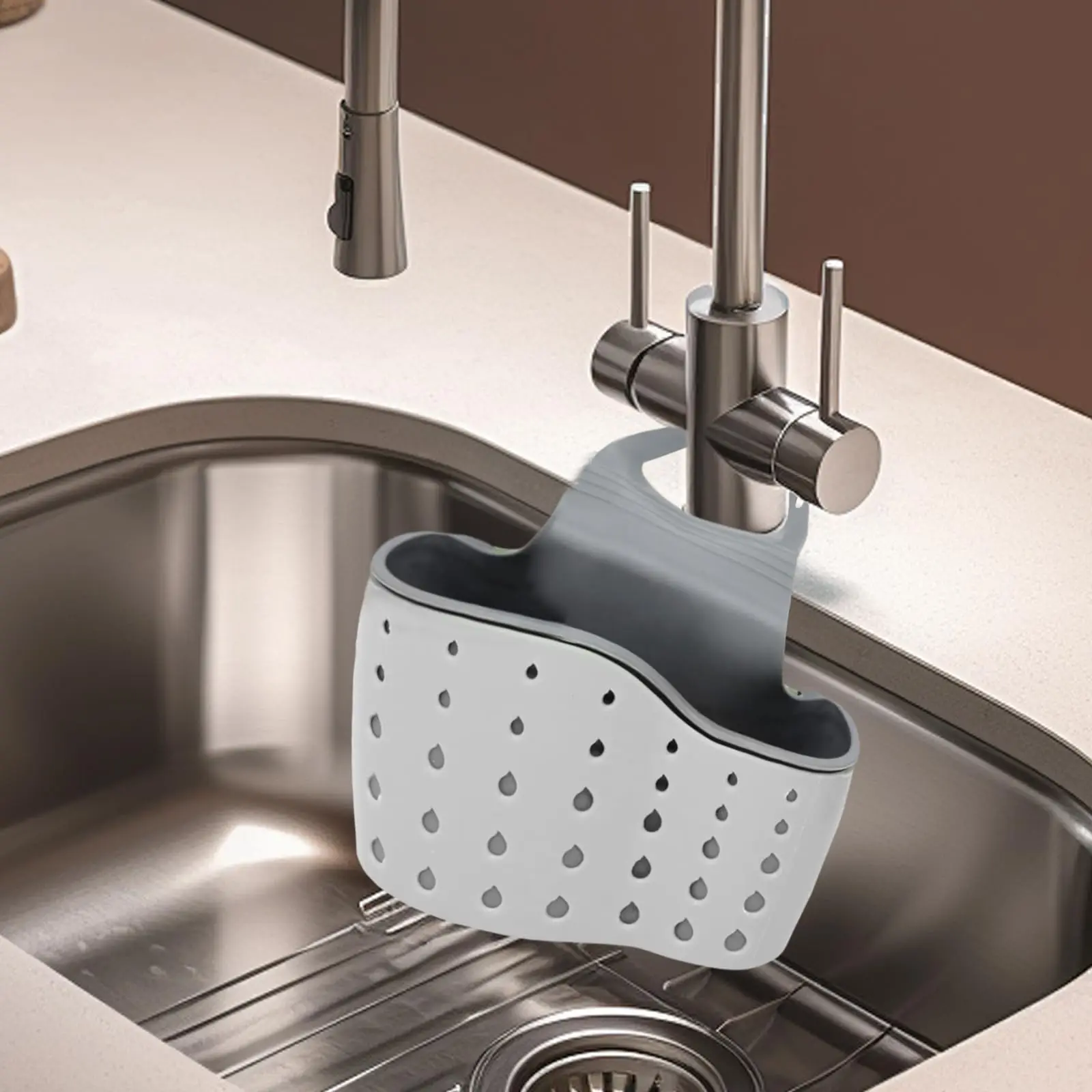 1 hanging sink drain basket with silicone storage box, adjustable shoulder strap drain rack, sponge storage rack, faucet suspension basket, kitchen storage bag, suitable for storing sponges and cloths in the kitchen faucet suspension basket