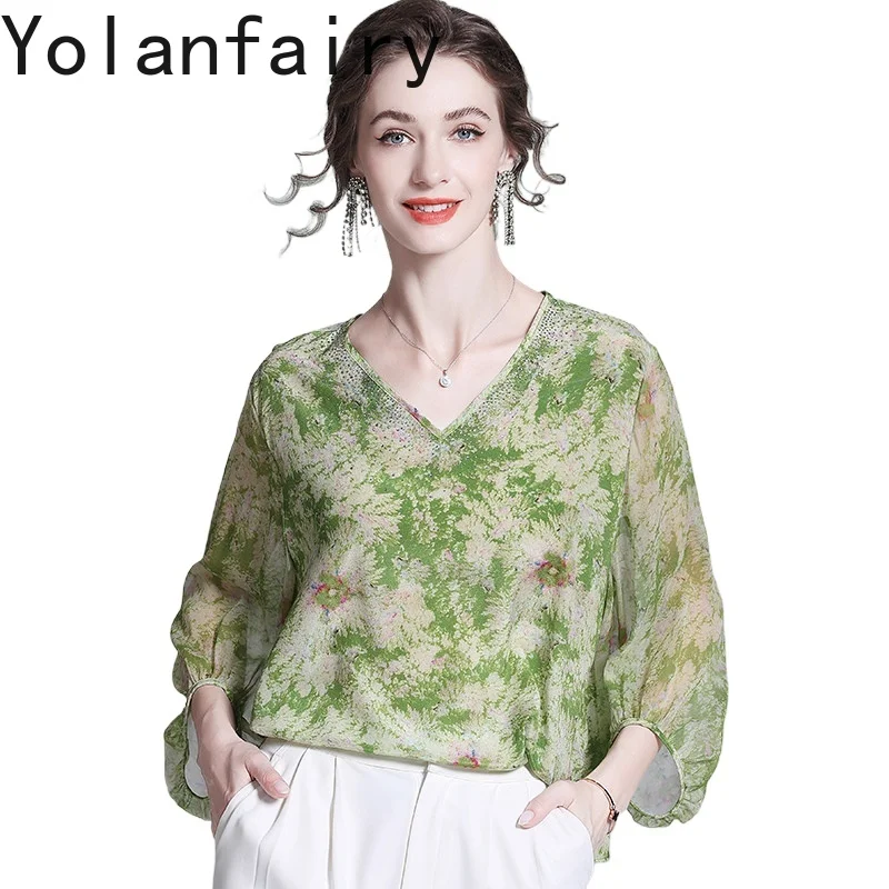 

YOLANFAIRY 100% натуральные шелковые блузки из тутового шелкопряда для женщин, весна-лето 2026, нежные элитные женские топы, элегантные рубашки с принтом