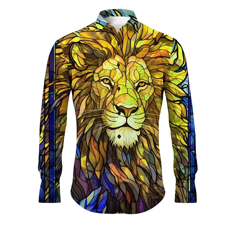 Fashion Creative Lion Graphic Men's Shirt Funny 3D Printed Animal Pattern Long Sleeve Tops Loose Lapel Button Breathable Clothes